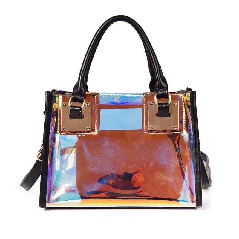 AlwaySky Women Transparent Shoulder Bag, 2 in 1 Designer Fashion Handbag Tote Purse Waterproof Summer Beach Bag Satchel, Laser-Black - Image 1
